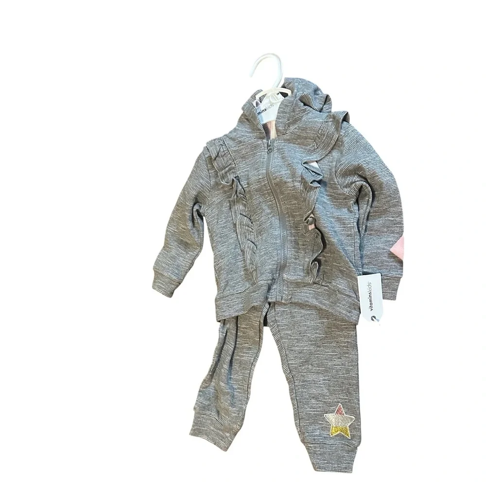 Baby Girl Gap Pink‎ Hoodie Jogger & Vitamins Kids Gray Ruffle Star Tracksuit Set